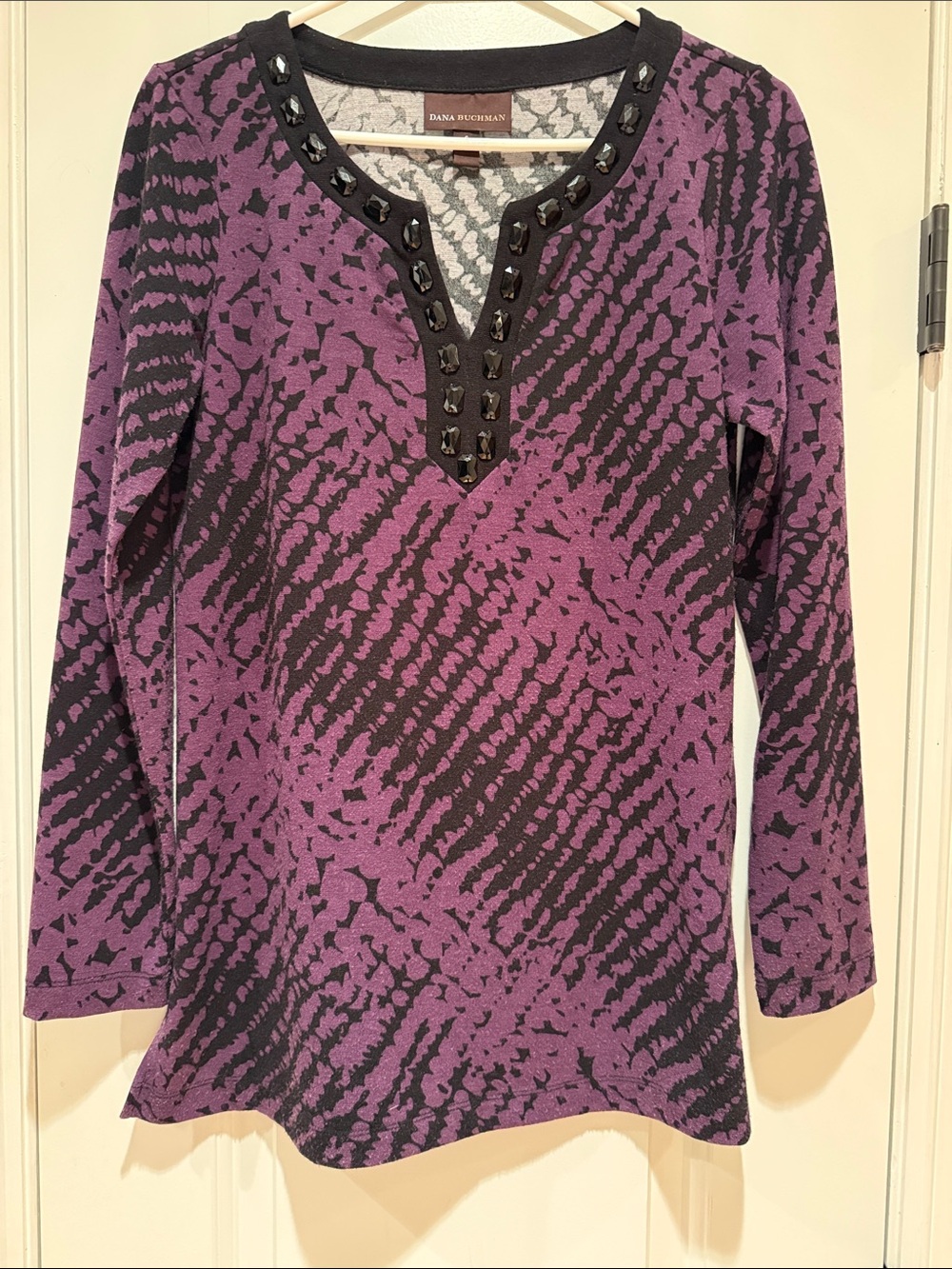 Dana Buchman Purple & Black Beaded V-Neck Long Sleeve Top
